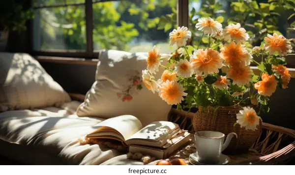 Flowers and Books in Sunlight