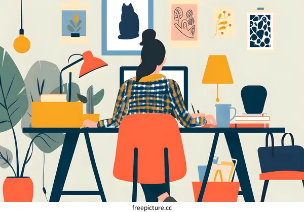 Woman Working from Home Office Desk