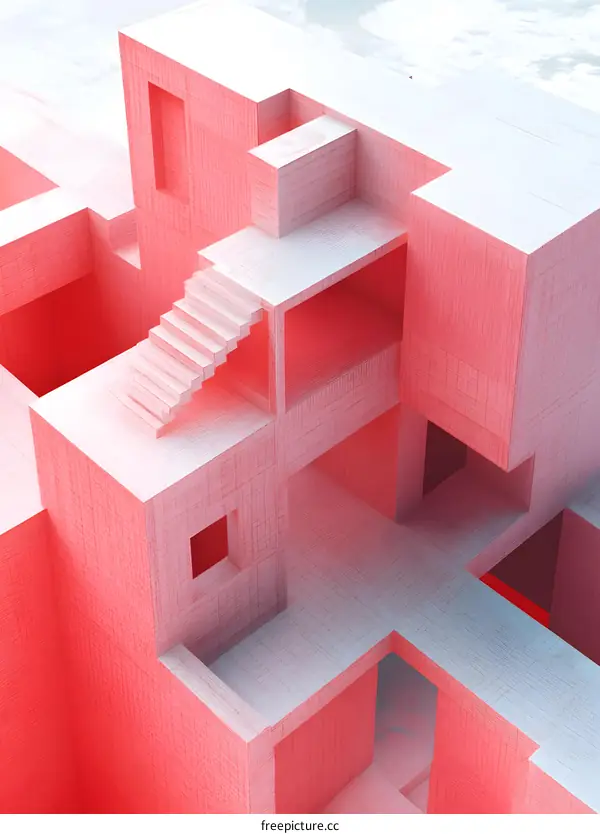 Abstract Red and White Geometric Architecture with Staircase