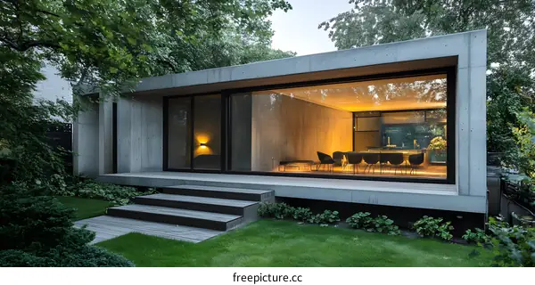 Modern Concrete House with Large Windows and a Green Lawn