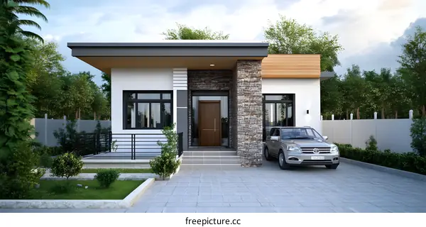 Modern House Design With Stone Wall And Wooden Details