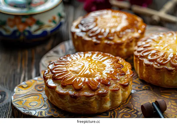 Closeup of Delicious Moon Cakes on a Wooden Tray
