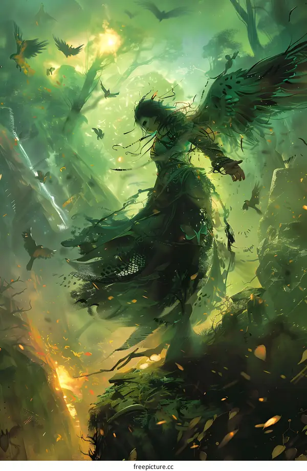Green Angel with Black Birds in a Forest