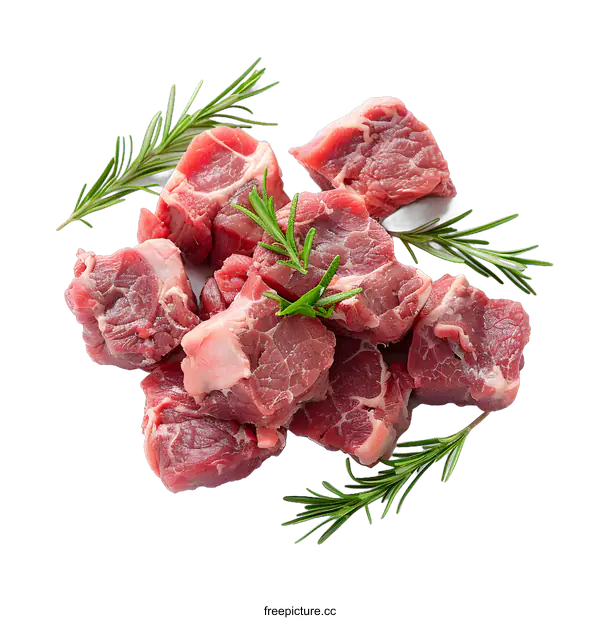 [Transparent Background PNG]Fresh raw beef meat chunks with rosemary