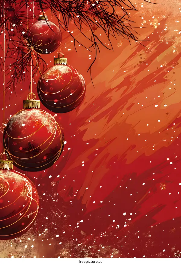 Red and gold Christmas ornaments hanging from a branch