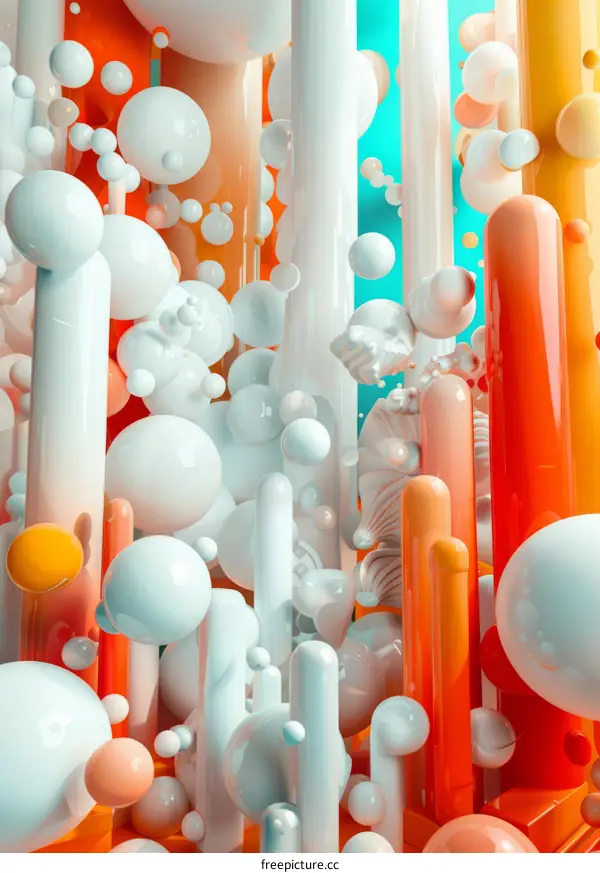 3D rendering of a surreal dreamscape with floating spheres and abstract structures