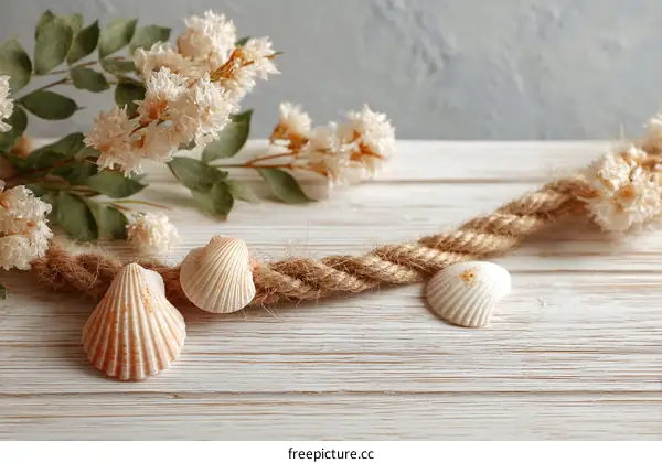 Seashells and Flowers on Wooden Tabletop