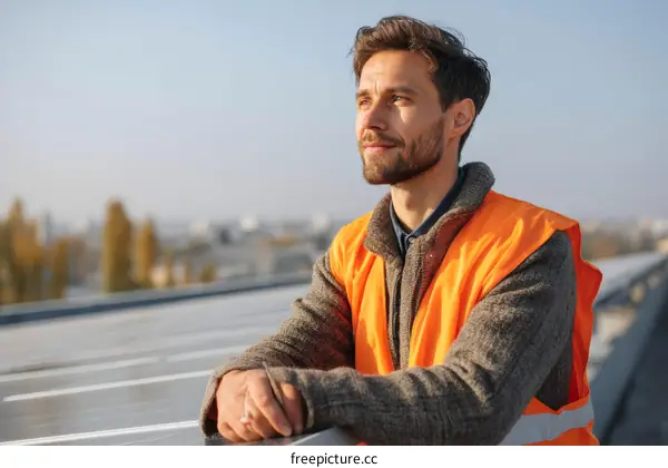 Construction Worker on a Rooftop with Solar Panels