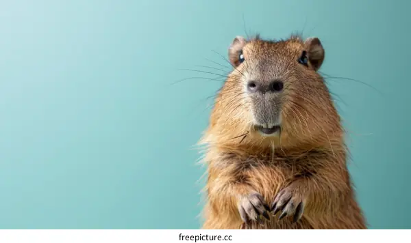 A cute capybara standing on its hind legs and looking at the camera