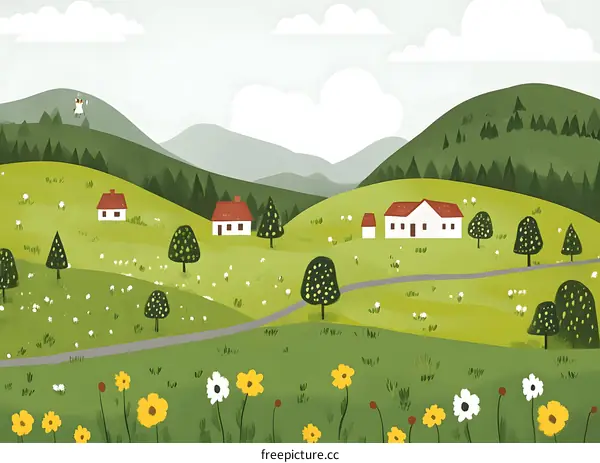 Illustrated Green Meadow Landscape with Houses and Mountains