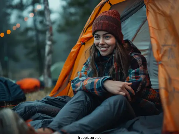Young Woman in Tent at Sunset
