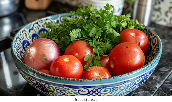 A bowl of tomatoes and parsley
