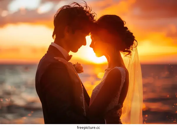The happy couple share a romantic moment during their sunset wedding ceremony