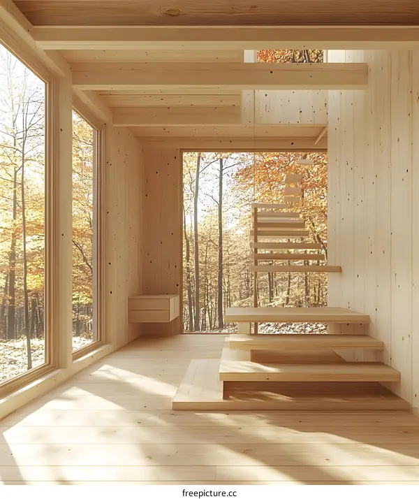 Modern Minimalist Wooden Interior Design With Staircase and Large Windows