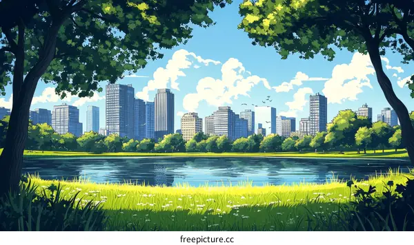 City Park Scenic Illustration with Skyline