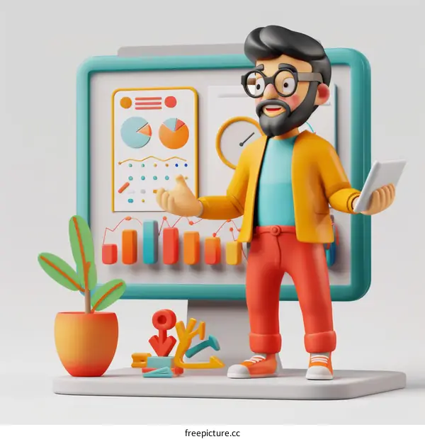 3D cartoon character of a man standing in front of a computer screen
