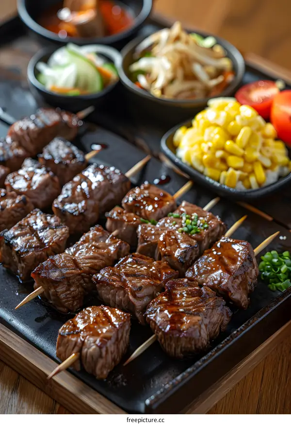 Beef cubes with sweet corn and salad