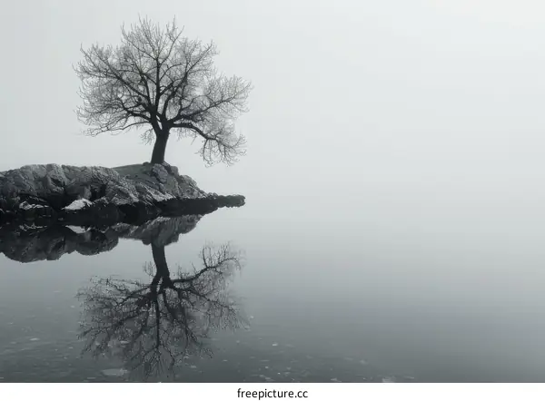A Tree in the Middle of a Lake with Fog