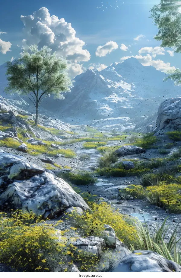 Rocky Mountain Landscape with Trees and Flowers