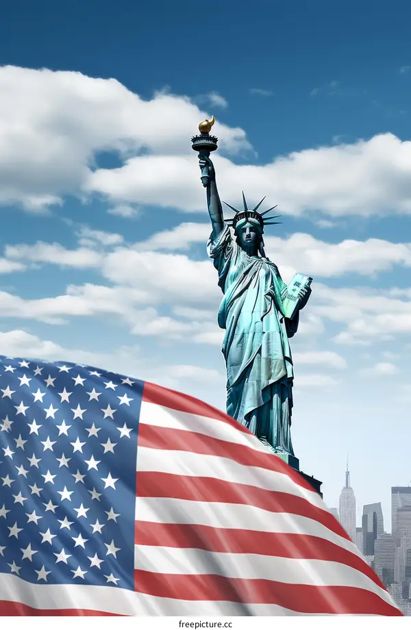 Statue of Liberty in New York City with American Flag