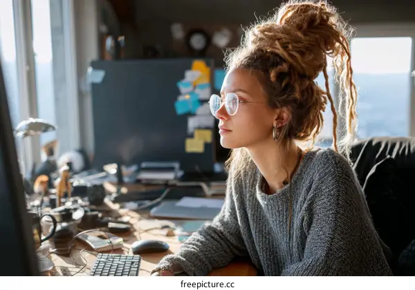 Woman Working at a Cluttered Desk