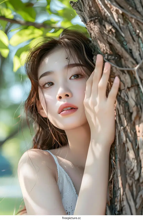 Portrait of Young Woman Standing in Front of Tree