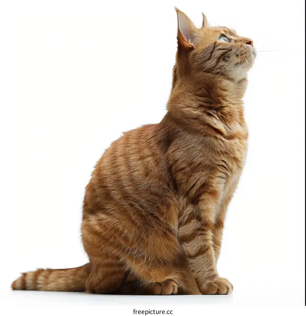 A ginger cat is sitting and looking up