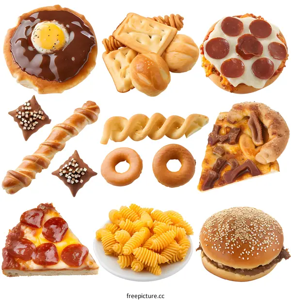 Variety of Appetizing Food Items on a White Background
