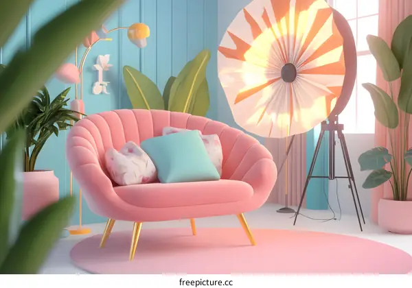 Pink Velvet Sofa with Tropical Plants and Decorative Lighting