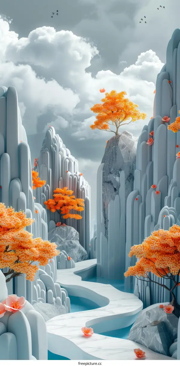 Surreal Landscape with Floating Rocks and Glowing Trees