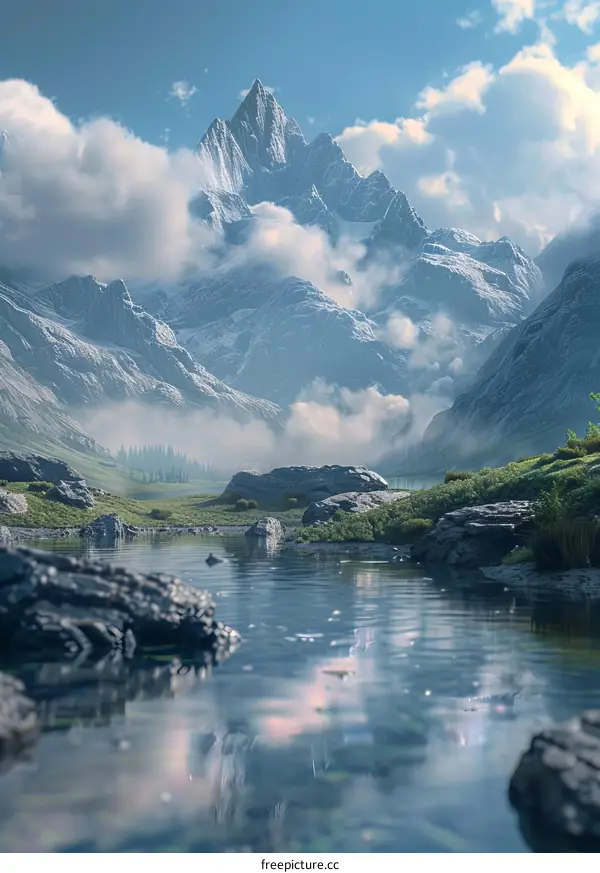 Snow-Covered Mountain and Calm Lake