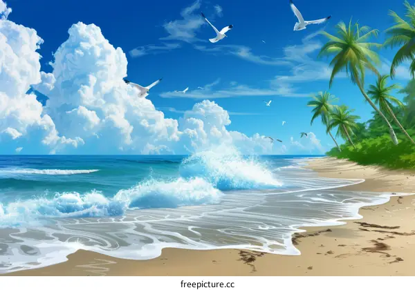 Beach with palm trees and seagulls