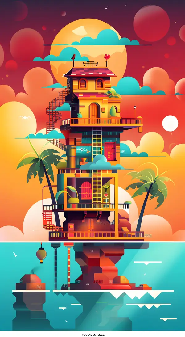 Fantasy House in The Sky with Palm Trees and Colorful Clouds