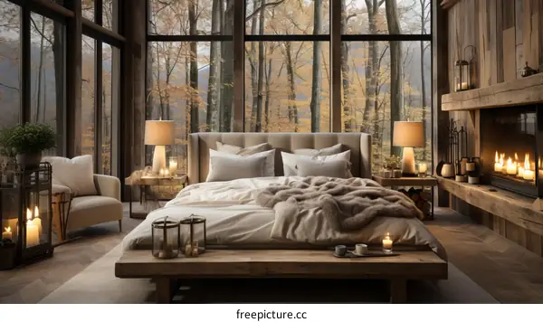 Cozy Cabin Bedroom with Fireplace and Forest View