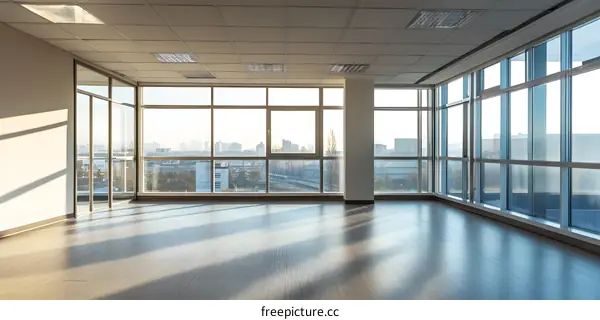 Empty Office Room With Large Windows And City View