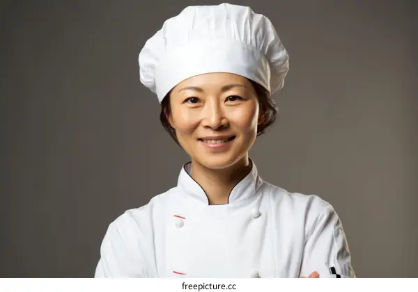 portrait of a smiling asian female chef in a white chef's hat and white chef's coat