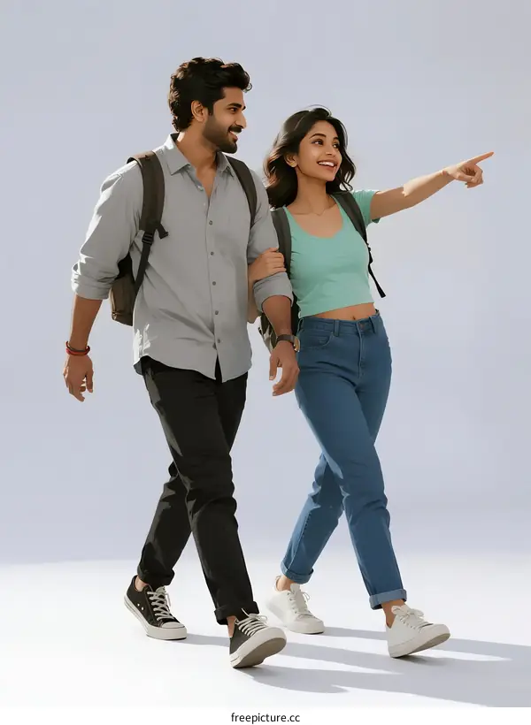 Two people walking and pointing with a positive expression