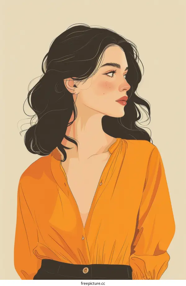 portrait of a young woman with long brown hair wearing an orange shirt