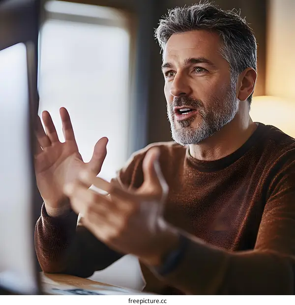 Man with Grey Hair Talking to Camera