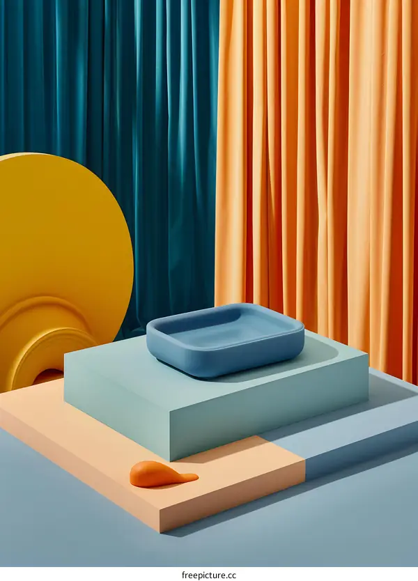 Blue Bowl On Stacked Platforms With Orange And Blue Curtains