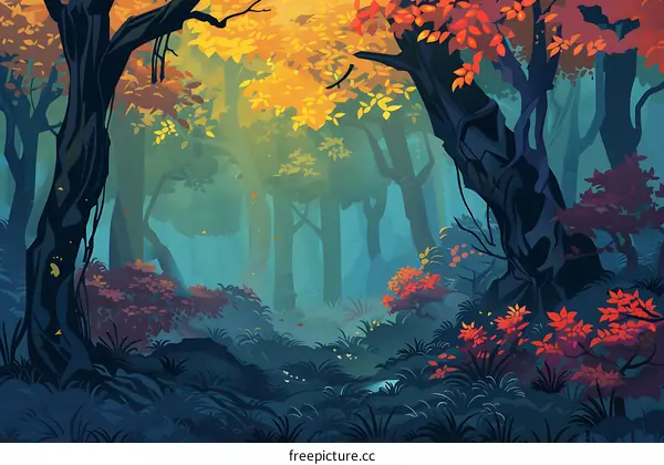 Autumn Forest Illustration with Colorful Leaves and Sunlight