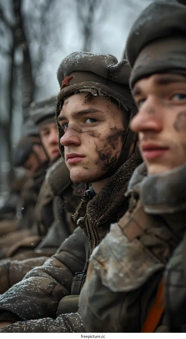 Portrait of a young soldier in the snow
