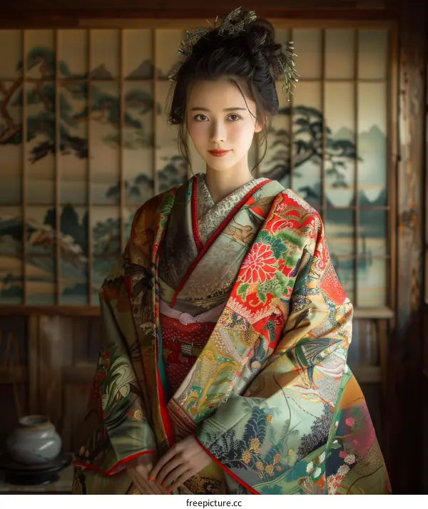Portrait of a beautiful Japanese woman in traditional kimono