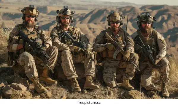 Four members of the U.S. Navy SEALs posing in the desert
