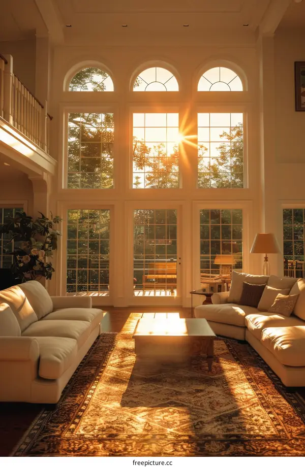 Sunlight Streaming Through Large Windows in a Modern Living Room
