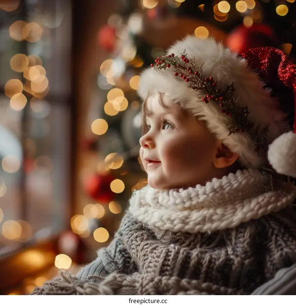 Little Girl in Santa Hat Adoring Christmas Tree