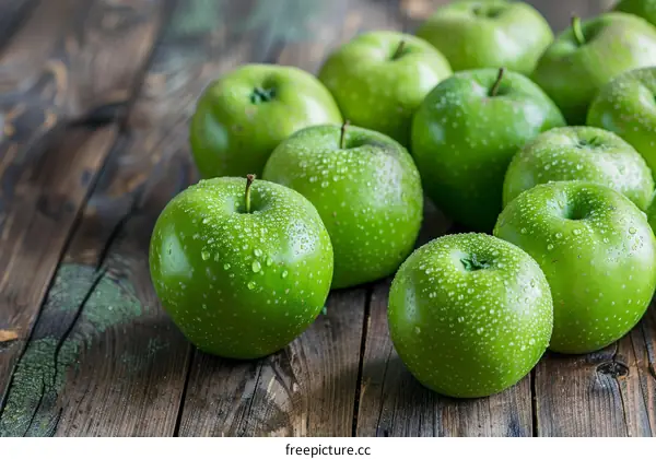 A group of granny smith apples on a wooden table