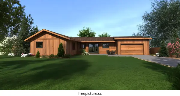 Modern Wooden House Design with Green Grass Lawn