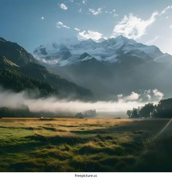 Snow Capped Mountain Ranges with Misty Meadow