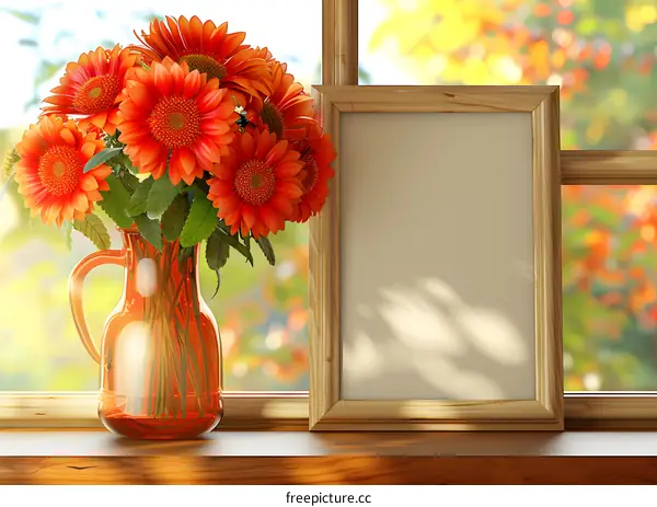 Orange Gerbera Daisies in a Vase on a Windowsill